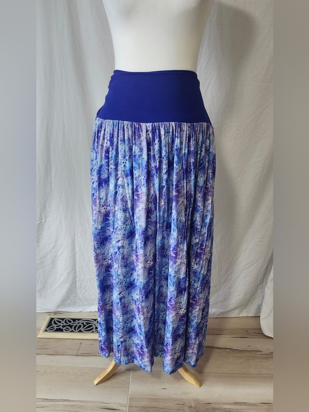 Blue Sky Bamboo/Linen Blue Printed Maxi Skirt with Stretch Waistband & Pockets